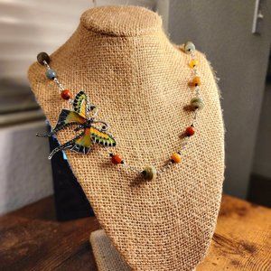 Colorful Dragonfly Asymmetrical Necklace - Whimsical Nature Jewelry